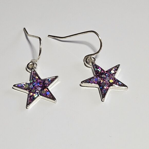 Silver Tone Dainty Pink Glitter Inlay Stars Dangling Earrings - Picture 11 of 11